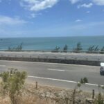 SE7の車窓から見た、乾いた草地と道路の向こうに広がる青い海